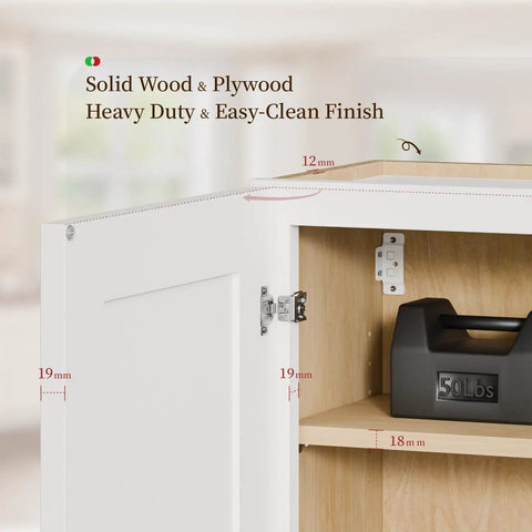 Wall Mounted Laundry Room Cabinet With Doors And Shelves White Shaker Finish Solid Wood RTA Medicine Storage Cabinet 24W 30H 12D Inches Space Saving For Kitchen Bathroom And Garage, shown open with soft-close hinge close-up.