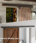 8 Ft Box Rail Sliding Barn Door Track Kit, Heavy Duty Aluminum Alloy Wall Mount, supports two wooden doors, installed view