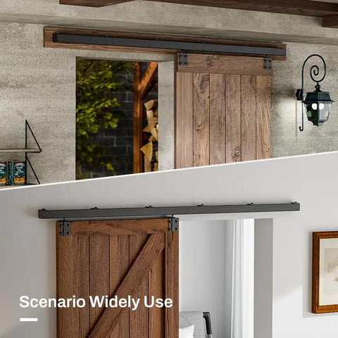 Rock Solid Heavy Duty Sliding Barn Door Track Box Rail Kit for Single Doors up to 330 Pounds 79.2 Inch Aluminum Frame mounted above rustic doors.