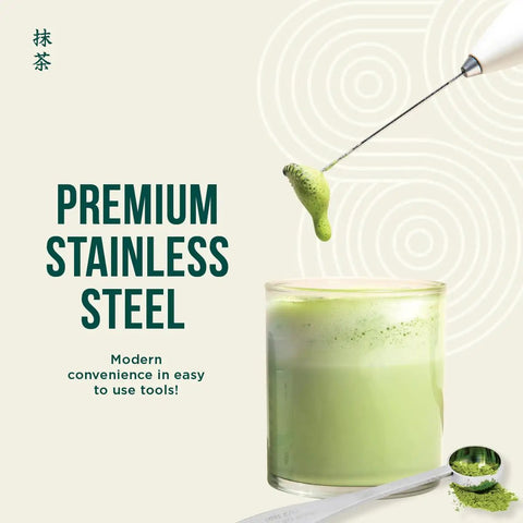 Electric Matcha Whisk And Milk Frother with One Button Operation shown frothing matcha in a glass, premium stainless steel.
