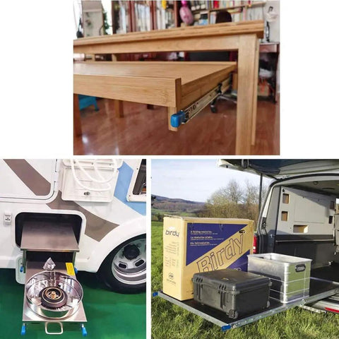 Beefy Full Extension Drawer Slides With Heavy Duty Steel Rails showcased in retrofitted furniture, camper, and van for storage.