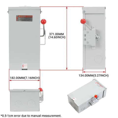 100 Amp Manual Generator Transfer Switch For Home Backup Power, 24,000 Watt General Duty Double Throw Safety Switch, 120/240 Volt, NEMA 3R Outdoor Indoor, 2-Pole, gray metal enclosure, 371mm x 182mm x 134mm