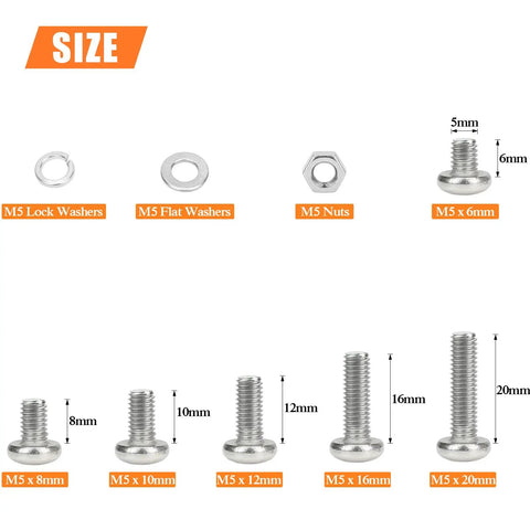 Kickass 304 Stainless Steel Metric Screw Kit With Phillips Pan Head Bolts M5 x 6mm 8mm 10mm 12mm 16mm 20mm showing various washers and nuts.