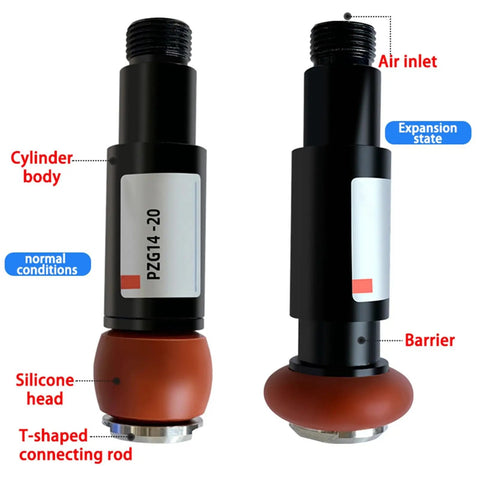 Compact Pneumatic Mechanical Arm With Internal Support Expansion Fixture And Mini Cylinder Gripper Featuring A Silicone Head Clamp For Precision Hand Assembly And Pro Grade Rework In Industrial Settings PZG Series PZG 10 09 Head, showing cylinder body and silicone head close-up