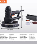 Heavy Duty Electric Drywall Sander With Variable Speed Motor And Hassle Free Vacuum Dust Cleanup For Cleaner Job Sites Plus Dual Bright LED Lamps and Full Sanding Pad Kit, showing full unit with dimensions.