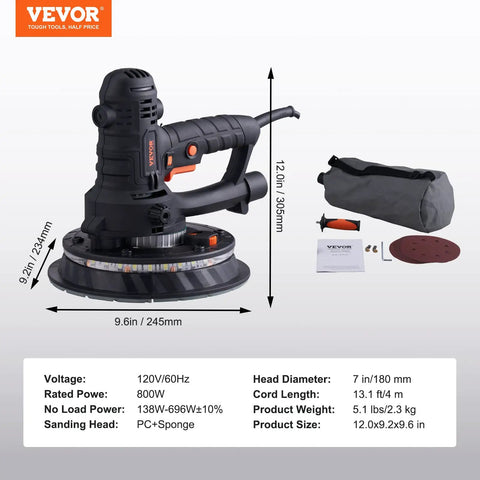 Heavy Duty Electric Drywall Sander With Variable Speed Motor And Hassle Free Vacuum Dust Cleanup For Cleaner Job Sites Plus Dual Bright LED Lamps and Full Sanding Pad Kit, showing full unit with dimensions.