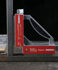 Side view of LISHUAI dual-switch welding magnet; red base with silver frame, NdFeB clamp
