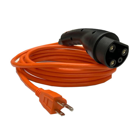 Heavy Duty 10 Foot Electric Golf Cart Charging Cable With 16A Quick Charge Three Pin Power Cord straight plug coiled up on a surface.