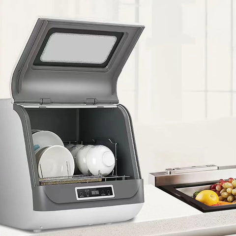 Fully Automatic Countertop Dishwasher With Ultrasonic Scrubbing And Auto Dry, open lid displaying clean dishes and organized glide tray.