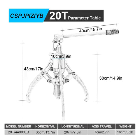 Heavy Duty Hydraulic Bearing Puller Featuring Swappable Two Or Three Jaw Configurations For Cracking Off Stubborn Wheel Hubs Brake Rotors And Drive Axle Gears Without Breaking A Sweat Or Losing Your Cool, displaying 20T model dimensions.
