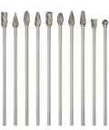 10pc long carbide burr set (front view) with 1/8 in shanks, 4 in length; tungsten carbide rotary bits for wood and metal engraving