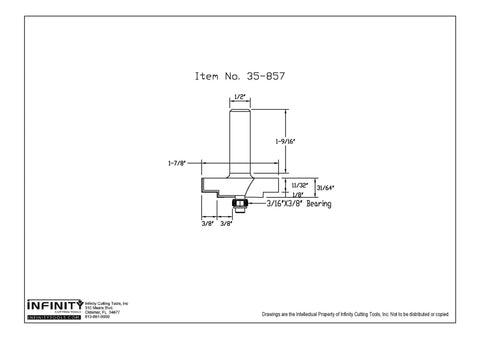 Technical drawing of Heavy Duty Stepped Rabbeting Router Bit With One-Half Inch Shank And One-And-Seven-Eighths Inch Cutting Diameter Carbide Tip CNC Machined Steel Body For Handheld Or Table Mounted Wood Routers