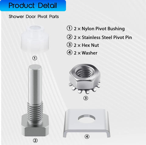 Upgraded Shower Door Pivot Pin Replacement Kit For Framed Glass Swing Doors Heavy Duty Stainless Steel Hinge Repair image showing parts including pivot bushings, pins, nuts, and washers.