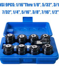 Heavy Duty Electric Tapping Machine With 360 Degree Universal Tapping Arm And 9Pcs Ansi Collets in blue case, showcasing various sizes.