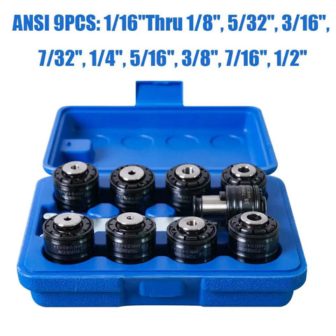 Heavy Duty Electric Tapping Machine With 360 Degree Universal Tapping Arm And 9Pcs Ansi Collets in blue case, showcasing various sizes.