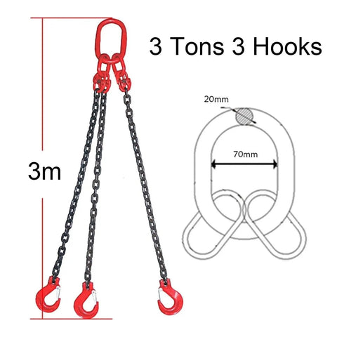 Helluva Tough Heavy Duty 3 Leg Chain Sling With Powder Coated Alloy Steel Hooks G80 Grade Rigging Gear For Mining Machinery And Port Operations Pulling Up To 3 Tons Across 3 Meters Span