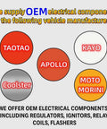 Diagram showing OEM electrical components suppliers for Taotao, Apollo, Kayo, Coolster, and Moto Morini.