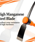 Heavy Duty Pickaxe For Digging With Shock Absorbing Handle 36 Inches Durable Manganese Steel Head shown close-up with text overlay