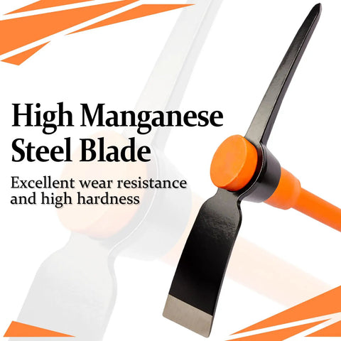 Heavy Duty Pickaxe For Digging With Shock Absorbing Handle 36 Inches Durable Manganese Steel Head shown close-up with text overlay