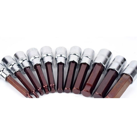 Nine Piece Chrome Alloy Steel Hex Socket Set With Square Drive Featuring Mirror Polish Sockets And Zinc Phosphate Bits displayed.