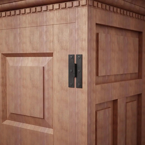 Heavy Duty Pack Of 2 Black Wrought Iron H Door Hinges 3 Inch Flush Mount Cabinet Hardware attached to a wooden cabinet.