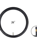 Heavy Duty 26 Inch Bike Tube Set 26x1.75, 26x1.95, 26x2.10, 26x2.125 Fits Most Road And Mountain Bikes 2 Pack With 2 Tire Levers 48mm Schrader Valve Premium Butyl Inner Tube showing black inner tube and close-up of valve