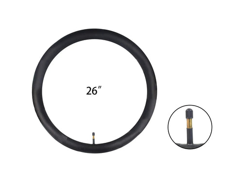 Heavy Duty 26 Inch Bike Tube Set 26x1.75, 26x1.95, 26x2.10, 26x2.125 Fits Most Road And Mountain Bikes 2 Pack With 2 Tire Levers 48mm Schrader Valve Premium Butyl Inner Tube showing black inner tube and close-up of valve