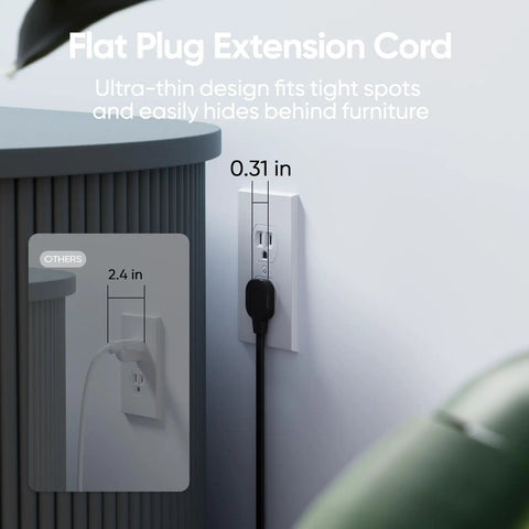 Flat plug extension cord shown behind furniture for space-saving in a modern office setup, featuring dimensions of 0.31 in thick.