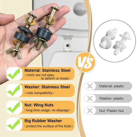 Comparison of Seat Screws Replacement Kit for Top Mount Toilet Hinges, Stainless Steel Bolts With Lifter Tab, versus plastic versions