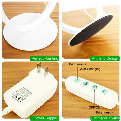 Spiral LED Table Lamp Set Of 2, 10W Dimmable, 3 Color Temp Options detail: anti-slip design, power supply, switch.