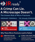 Comparison of ordinary terminals and JRready standard, highlighting risks of micro-fractures and benefits of solid contacts.