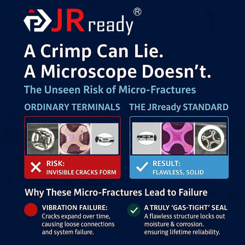 Comparison of ordinary terminals and JRready standard, highlighting risks of micro-fractures and benefits of solid contacts.