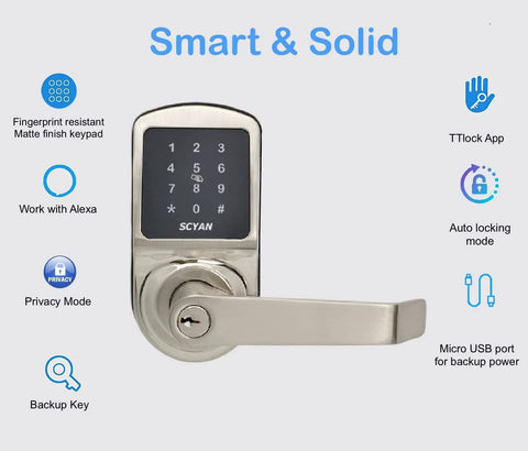 Keyless Entry Door Lock With Touchscreen Keypad And Auto Lock For Home And Airbnb Rentals; SCYAN X2 Handle Lock In Satin Nickel Finish.