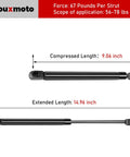No Sweat Heavy Duty Gas Shock Strut Lift Supports 15 Inch 67 Lbs Force showing compressed and extended lengths on a black strut.