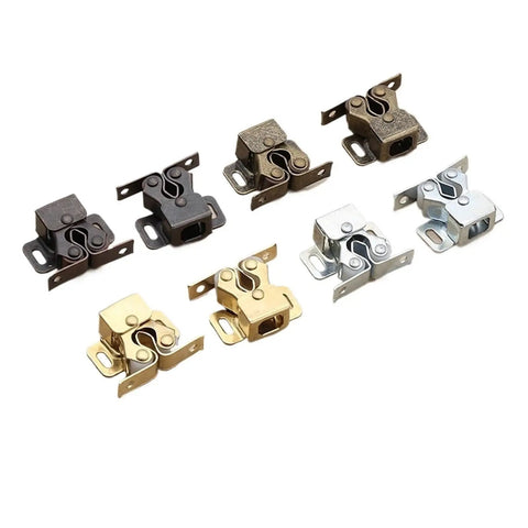 Get A Sweet Deal On These 20pcs Cabinet Latches With Built-In Spring For Automatic Door Locking Perfect For Kitchen Cupboards And Wardrobes Plus Adjustable Layout Fittings That Make Your Storage Setup Look Super Cool And Work Like A Charm Today: 8 spring-loaded metal latches in various finishes for cabinet doors.