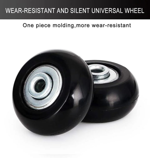 Close-up view of 50mm Luggage Replacement Wheels Set Of 4 For Suitcases, Silent PU Swivel Caster Wheels With 30mm And 35mm Axles, Black.