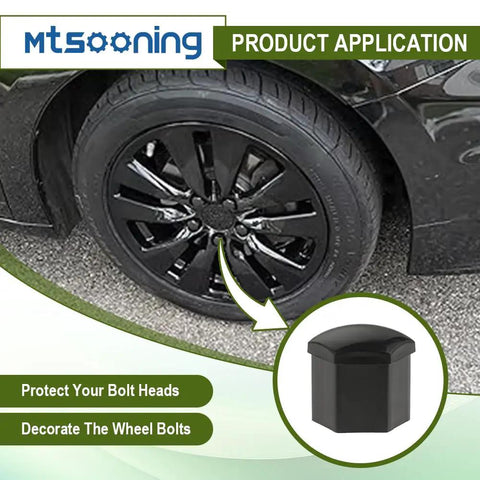 21 Piece Car Wheel Nut Cap Set With 21mm Universal Lug Covers And Remover Clip Black Waterproof Dustproof All Weather Hub Bolt Head Protectors For Auto Tires Durable And Easy To Install shown on a car wheel.