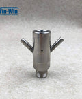 Waterjet mixing chamber assembly, stainless steel, front view, with dual side ports and bottom threaded outlet