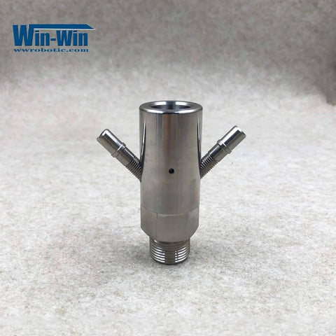 Waterjet mixing chamber assembly, stainless steel, front view, with dual side ports and bottom threaded outlet