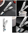 Heavy Duty Stainless Steel Plate Lifter Clamp With A Rock Solid Grip And Smart Anti Scald Bow Clip For Zero Stress Hot Casserole Handling In Your Kitchen, shown gripping a white bowl.