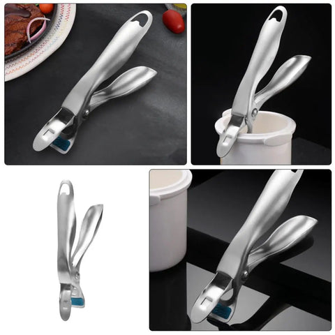 Heavy Duty Stainless Steel Plate Lifter Clamp With A Rock Solid Grip And Smart Anti Scald Bow Clip For Zero Stress Hot Casserole Handling In Your Kitchen, shown gripping a white bowl.