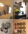 Dope 12 Pack Hexagon Mirror Wall Decals 9 Cm Acrylic Silver Removable Stickers For Home Living Room Bedroom Decor Easy Paste Peel Off No Residue For Any Wall Style in various room settings.