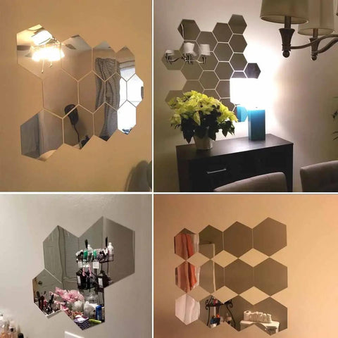 Dope 12 Pack Hexagon Mirror Wall Decals 9 Cm Acrylic Silver Removable Stickers For Home Living Room Bedroom Decor Easy Paste Peel Off No Residue For Any Wall Style in various room settings.
