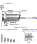 Diagram showing 10mm Inductive Proximity Sensor Switch Embedded Cylindrical Type with measurements and functionality details.