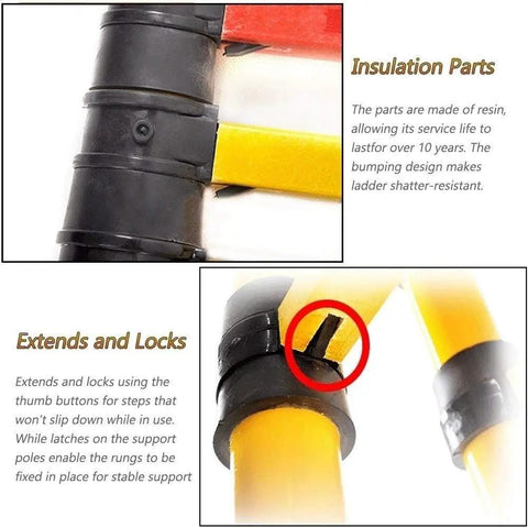 Close-up showing insulation parts and thumb lock mechanism of Rock Solid Fiberglass Telescoping Ladder for electrical work.