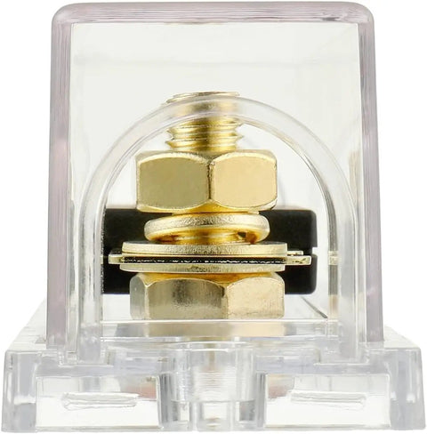 Heavy Duty ANL Fuse Holders And 100 Amp ANL Fuses Pair For Audio Video Systems, transparent housing with gold contact screws