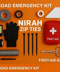 Road emergency kit with zip ties, gloves, first aid, scissors, tape on orange background