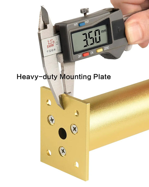 Switch Up Your Setup With These Durable Adjustable Furniture Legs Crafted From Heavy Aluminum Alloy Featuring Quick Height Tweaks on Twist Base, heavy-duty golden mounting plate with measurement shown.