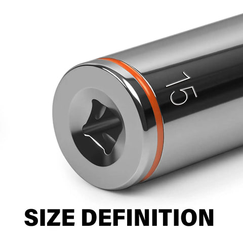 Close-up of 15mm socket from Quarter Inch Drive Metric Master Socket Set, 14 Piece Deep Hex Socket Set 4mm Through 15mm