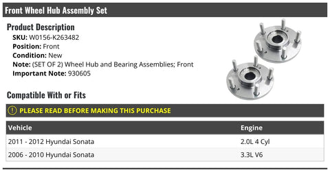 Front Wheel Bearing Hub Assembly Set Of 2 For Hyundai Sonata 2006 2012 Compatible With 2011 2012 2.0L 4 Cylinder And 2006 2010 3.3L V6